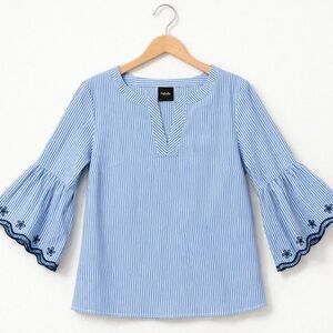 Rafaella Blue White Stripe Bell Sleeve Embroidered Blouse